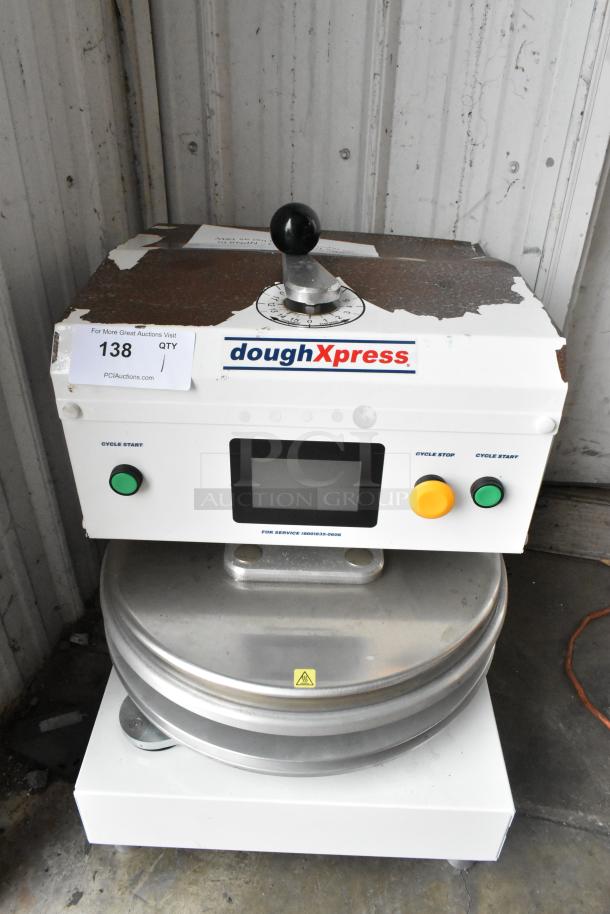 Dough Xpress DXE-W countertop dough press, metal construction, 120 volts, 1 phase, visible wear, operation buttons.