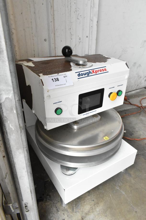 Dough Xpress DXE-W metal commercial dough press, 120 volts, countertop model. Visible wear, branding label, and control panel.