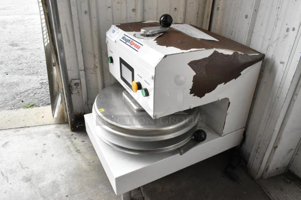 Dough Xpress DXE-W metal commercial dough press, 120 volts, 1 phase. Visible wear on edges, buttons intact.