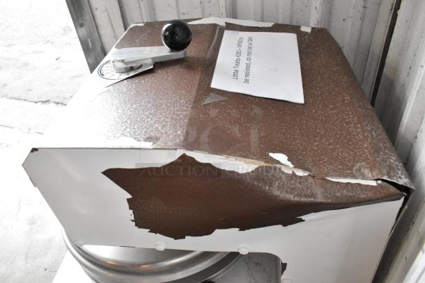 Dough Xpress DXE-W commercial dough press, metal, 120V, 1 phase. Countertop model with visible wear and peeling paint.
