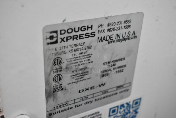 Dough Xpress DXE-W commercial countertop dough press; 120V, 1 Phase; ETL listed; Made in USA label visible.