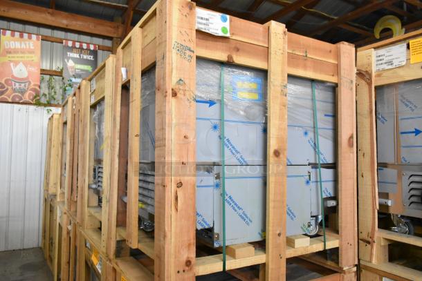 Brand new 2022 BKI 52473-1 stainless steel commercial meat freezer in crate. Features commercial casters, 115 volts, 1 phase.