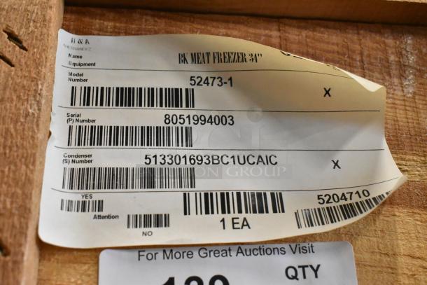 Label on BKI 52473-1 stainless steel commercial meat freezer crate, showing model and serial numbers. Brand new condition.