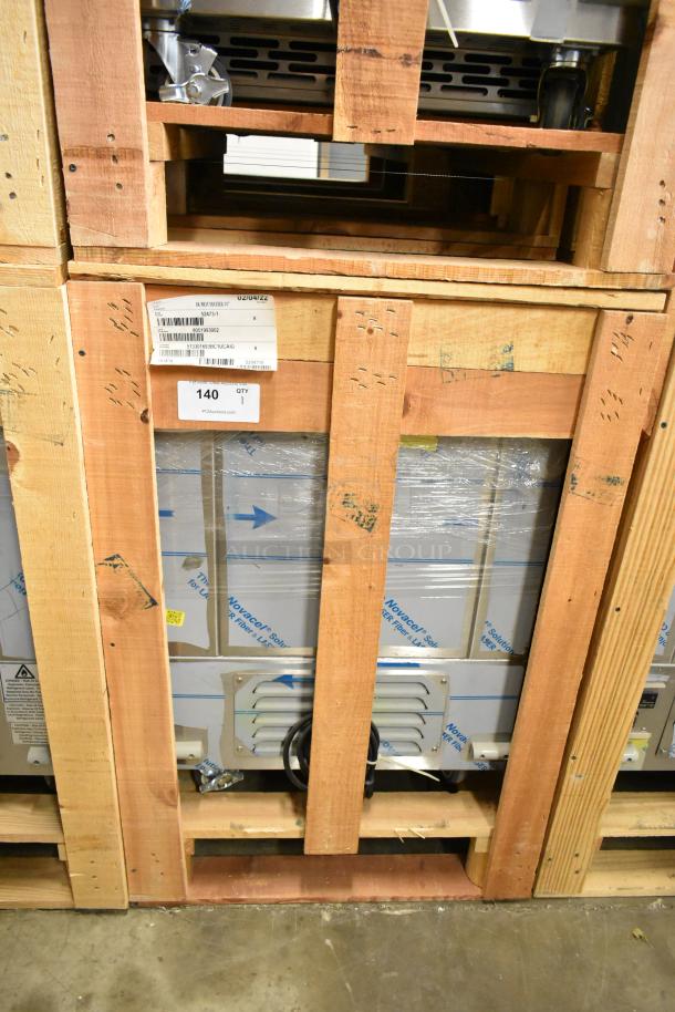 Brand new 2022 BKI 52473-1 stainless steel commercial meat freezer on casters, in crate. 115 volts, 1 phase.