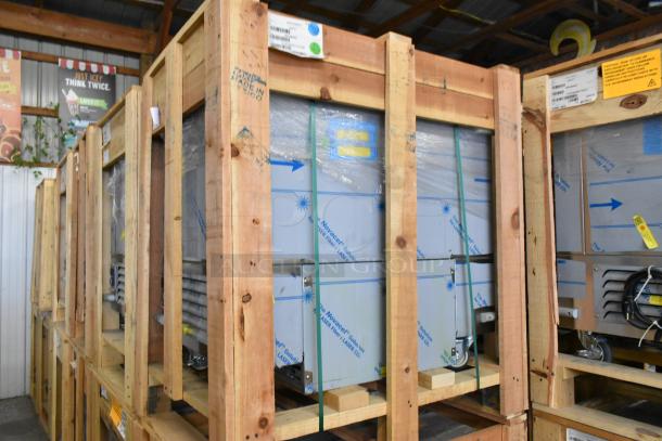 Brand new 2022 BKI 52473-1 stainless steel commercial meat freezer, packed in crate, on commercial casters. 115V, 1 phase.