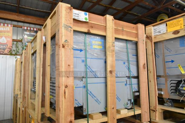 Brand new 2022 BKI 52473-1 stainless steel commercial meat freezer in crate. Features commercial casters, 115 volts, 1 phase.