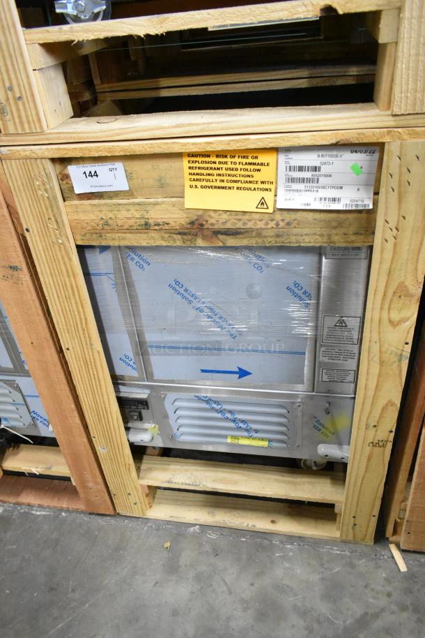 Brand new 2022 BKI 52473-1 stainless steel commercial meat freezer in crate, on casters, 115V, 1 phase.