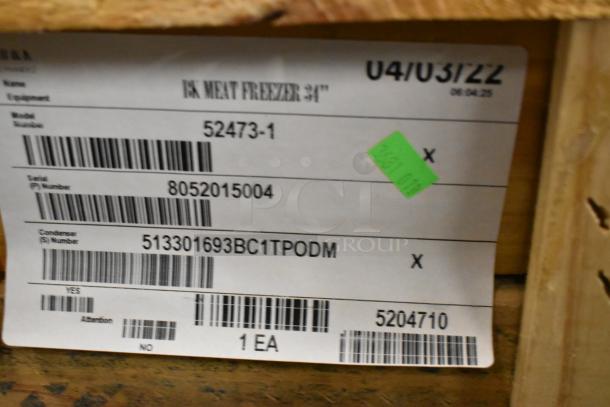 BKI 52473-1 stainless steel commercial meat freezer tag, showing model and serial numbers. New, crated, on casters.