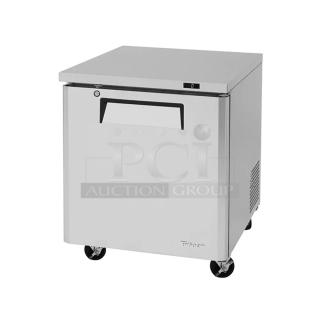 Brand new Turbo Air MUF-28-N stainless steel undercounter freezer, 115V, single door, on casters.