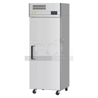 Brand new Turbo Air ER24-1-N6-V stainless steel single-door reach-in cooler, 115V, 1 phase, on wheels.