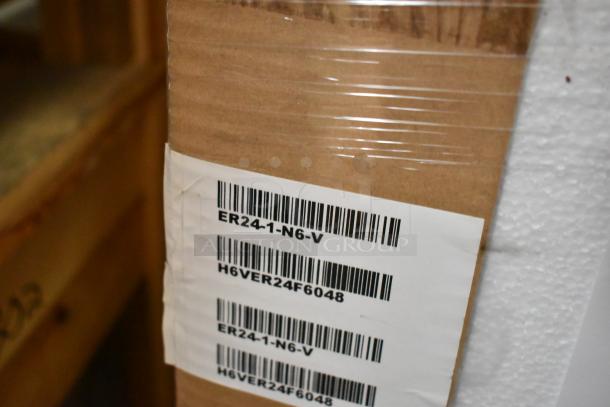 Barcoded label on box for Turbo Air ER24-1-N6-V cooler, indicating model and packaging details.