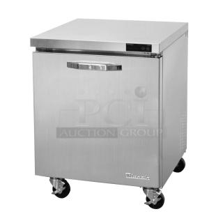 Brand new Blue Air BLUF28-HC stainless steel undercounter freezer, single door, 115V, on casters.