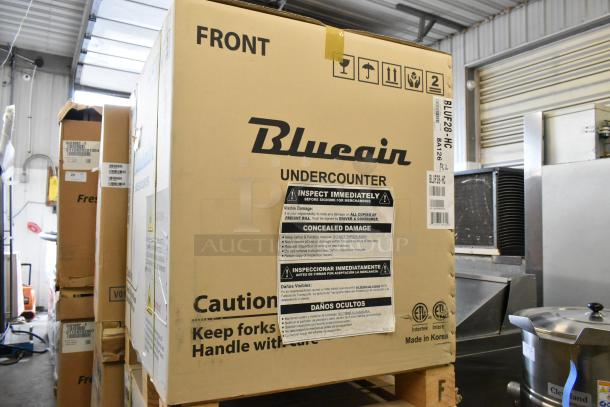 BRAND NEW Blue Air BLUF28-HC stainless steel undercounter freezer in box. 115 volts, 1 phase. Labels emphasize inspection.