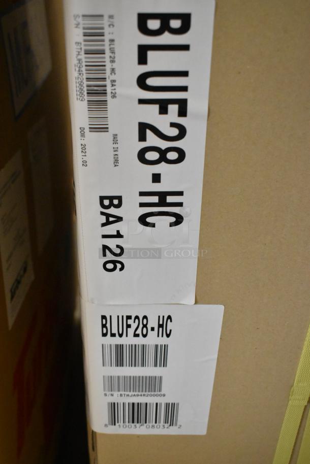 BRAND NEW Blue Air BLUF28-HC stainless steel undercounter freezer in box. 115 Volts, single-phase. Labels show model and serial.