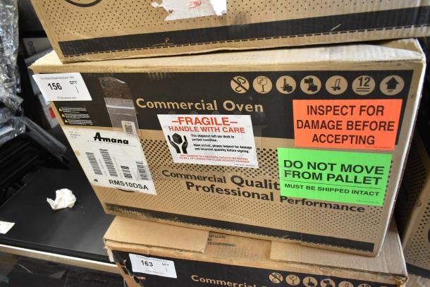 Brand new 2021 Amana RMS10DSA stainless steel commercial microwave, sealed in crate, dial controls, pristine condition.