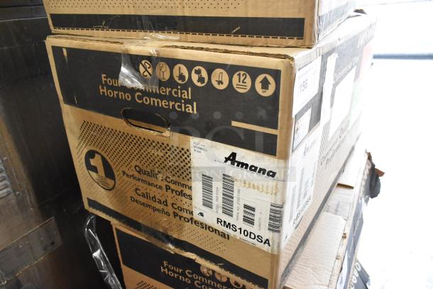 Brand new Amana RMS10DSA stainless steel commercial microwave in original crate. Features dial controls. Assembled in USA.