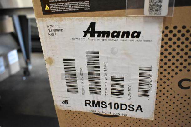 Brand new 2021 Amana RMS10DSA stainless steel commercial microwave, in crate, with dial controls. Assembled in USA.