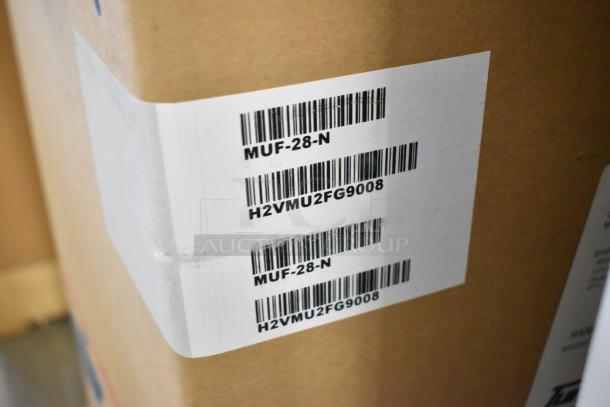 Turbo Air MUF-28-N freezer in box, barcode label visible; stainless steel, 115V, 1 phase, new condition.
