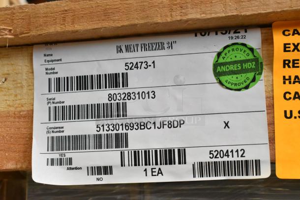 BRAND NEW BKI 52473-1 Commercial Meat Freezer label, stainless steel, 115V, on casters, approved sticker visible.