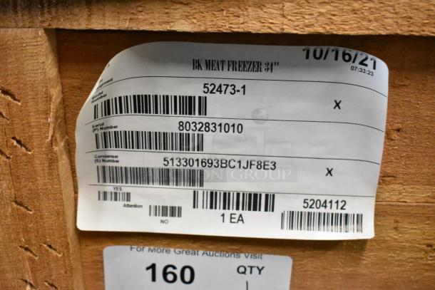 BKI 52473-1 stainless steel meat freezer label in crate. Model, serial, and condenser numbers visible. New condition.