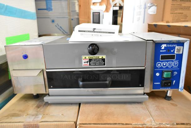 Brand new AJ Antunes MS-355 stainless steel countertop steamer, 115V, 1-phase. Includes caution labels and control panel.