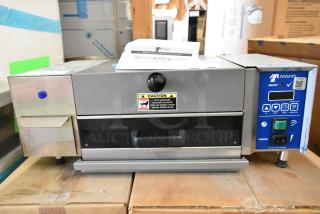 Brand new AJ Antunes MS-355 stainless steel countertop steamer, 115V, 1-phase. Includes caution labels and control panel.
