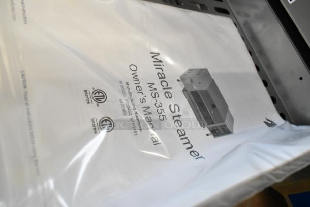 AJ Antunes MS-355 Miracle Steamer owner's manual in a sealed plastic bag, showing model and certification labels.