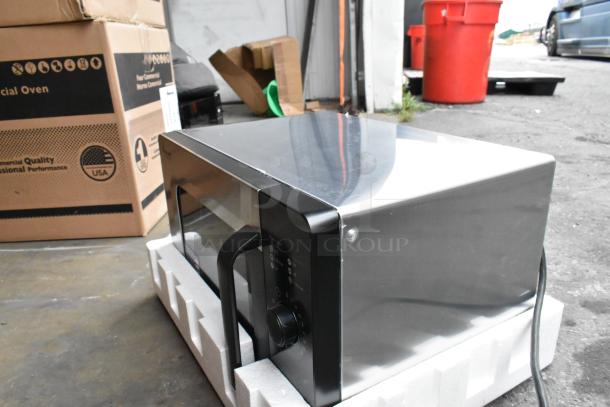 Brand new 2021 Amana RMS10DSA stainless steel commercial microwave, dial controls, in original crate.