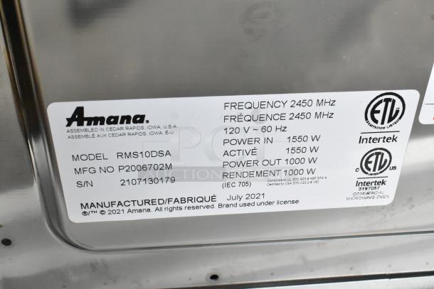 BRAND NEW 2021 Amana RMS10DSA stainless steel commercial microwave, dial controls, frequency 2450 MHz, 1000W output.