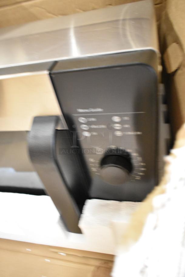 Brand new Amana RMS10DSA stainless steel commercial microwave, dial controls, in original box, 2021 model.