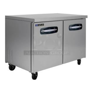 Brand new Master Bilt UR48 stainless steel 2-door undercounter cooler. 115 volts, 1 phase. Sturdy design on wheels.