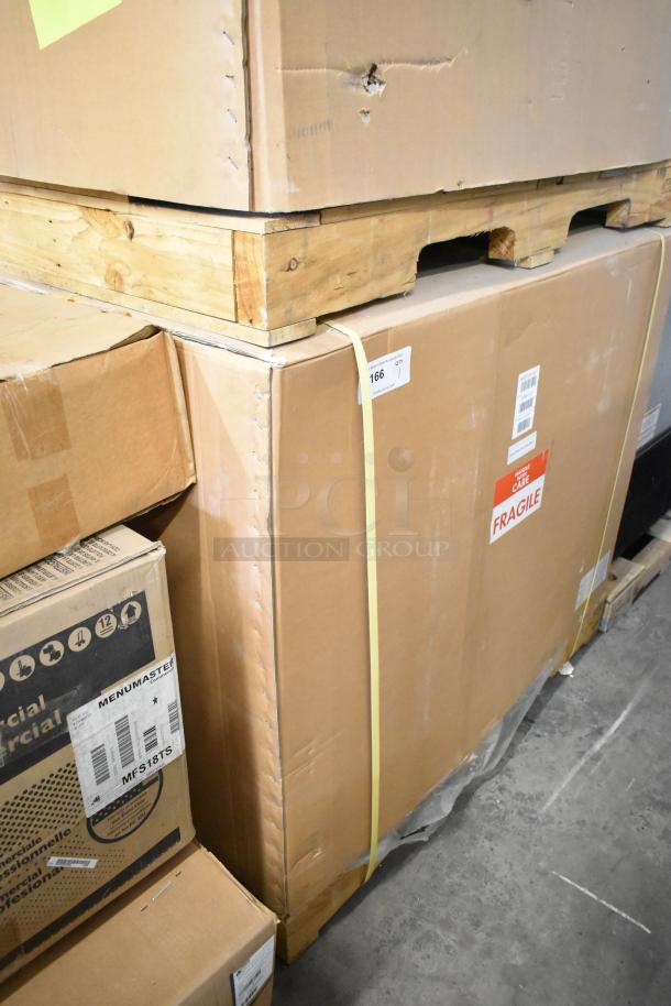 Brand new Master Bilt UR48 undercounter cooler in box. Stainless steel, 2-door, 115 volts, 1 phase. Fragile label visible.