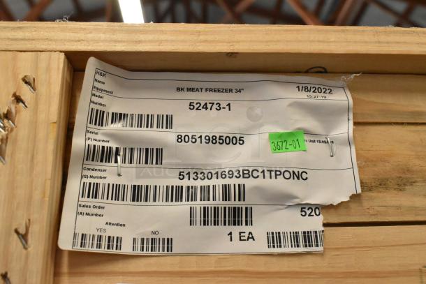 BRAND NEW BKI 52473-1 Stainless Steel Commercial Meat Freezer in crate, model info visible, on casters, 115V, 1 phase.