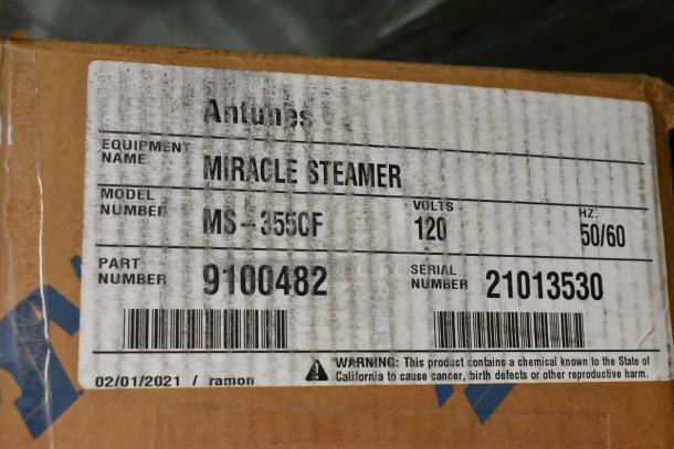 Alt Text: "New Antunes MS-355CF Miracle Steamer in box, 120 volts, model number 9100482, serial 21013530."