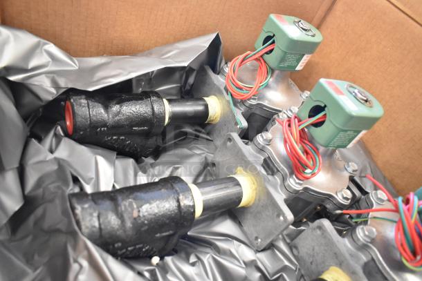 Box of 4 brand new Antunes shutoff valves, model MS-355CF, with visible wiring and pristine condition, packed for auction.