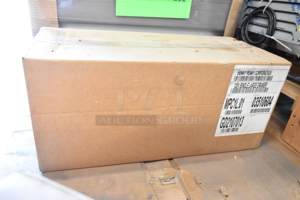 Brand new Henny Penny MPC1L.01 stainless steel holding bin, 120V, 1 phase, in original packaging with visible label details.