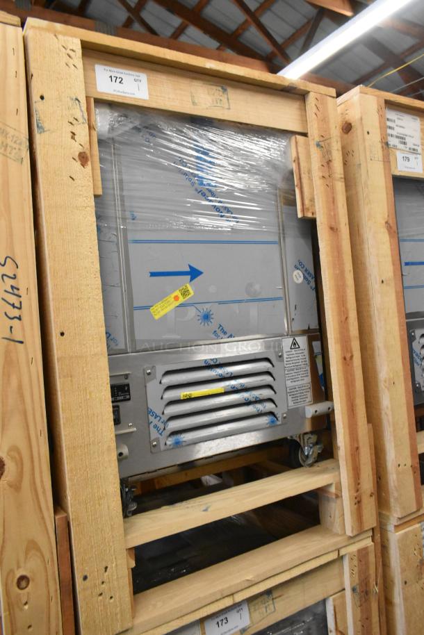 Brand new 2022 BKI 52473-1 stainless steel meat freezer in crate, on commercial casters, 115V, 1 phase.