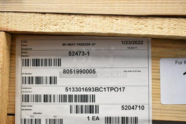 2022 BKI 52473-1 stainless steel commercial meat freezer in crate, model and serial numbers visible. Brand new, 115V, 1 phase.