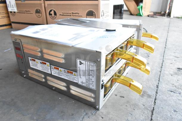 Henny Penny MPC-1L and MPC-22 stainless steel holding bins, brand new, 120 volts, 1 phase, with golden handles and labels.