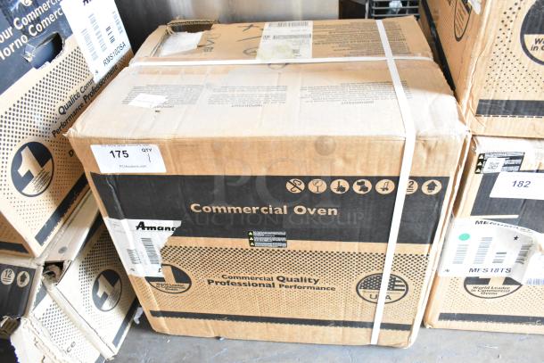Brand new Amana AOC24 stainless steel commercial microwave in original box. Features touch pad, 208-240 volts.