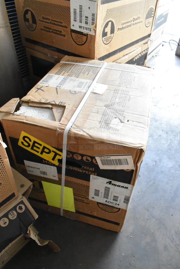Boxed 2021 Amana AOC24 Stainless Steel Commercial OnCue Microwave, new condition, includes touch pad, 208-240 volts.