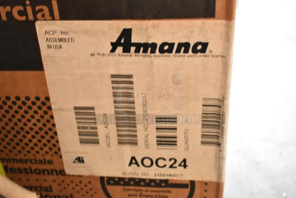 Brand new 2021 Amana AOC24 stainless steel commercial microwave in original box. Features touch pad, 208-240 volts.