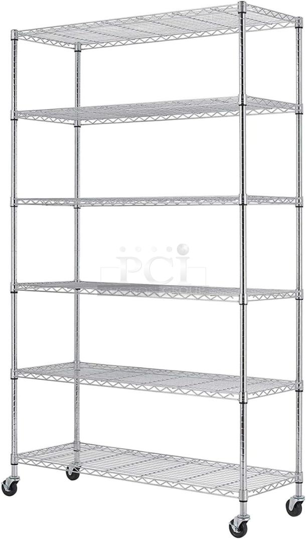 BRAND NEW BestOffice WS-776-CHROME shelving unit, chrome finish, five adjustable wire shelves, sturdy, on caster wheels.