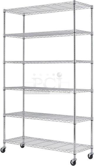 BRAND NEW BestOffice WS-776-CHROME shelving unit, chrome finish, five adjustable wire shelves, sturdy, on caster wheels.