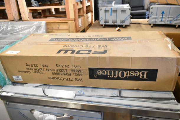 Brand new BestOffice WS-776-CHROME shelving unit in box, chrome finish. Packaging shows brand and model details.