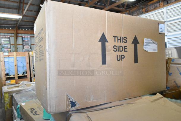 New Prince Castle EHB34-2 holding bin in original box, 208-240V, 1 phase, stainless steel. Box shows minor wear.