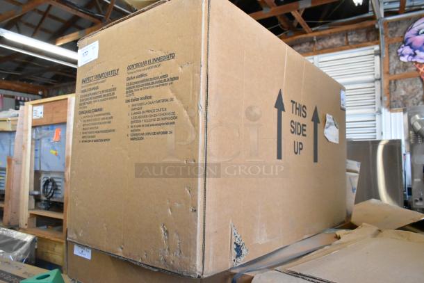 Brand new Prince Castle EHB34-2 stainless steel holding bin in box. 208-240V, 1 Phase. Box labeled "Inspect Immediately".
