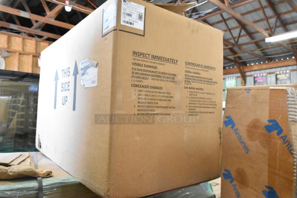 Brand new Prince Castle EHB34-2 Stainless Steel Commercial Holding Bin in box. 208-240V, 1 Phase. Box with handling instructions visible.