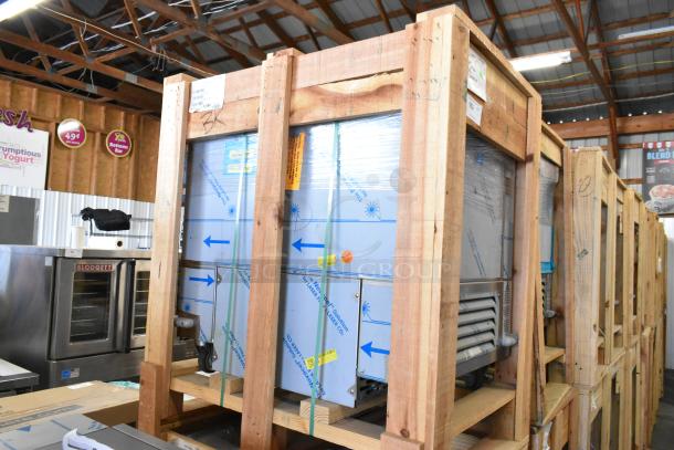 Brand new 2022 BKI 52473-1 stainless steel meat freezer in crate. Features commercial casters, 115 volts, 1 phase.