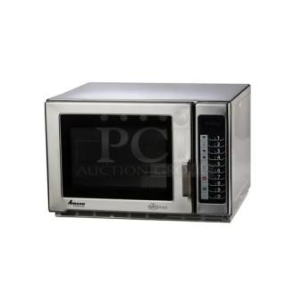 Brand new Menumaster MFS18TS stainless steel commercial microwave oven, 2022 model, in original box, keypad controls.